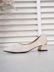 2026 Primavera/Verano Zapatos de tacón de punta francesa, Mocasines de tacón medio con decoración de rhinestones y perlas, Zapatos náuticos elegantes de talla grande - Albaricoque - Ver 4