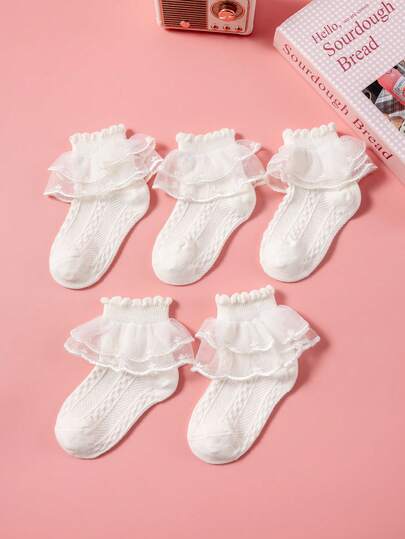 5 pares de calcetines de princesa con volantes beige para niñas, primavera/verano, calcetines clásicos casuales de malla fina y suave, transpirables, lindos y cómodos, piel amigable y versátiles, adecuados para bodas, actuaciones de baile, ocio en casa, atuendos Lolita