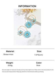 OOQ 1 Pair Fashion Textured Line Geometric Five-Petal Chrysanthemum Bicolor Handwoven Raffia Earrings, Fresh And Sweet Handwoven Colorful Raffia Textured Floral Earrings Suitable For Women's Daily, Vacation, And Party Wear (Handwoven Method Random, Handmade May Have Slight Glue Residue) - Blue - View 5