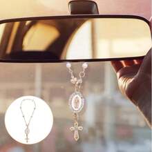 方向盘念珠吊坠，带圣母玛利亚吊坠和十字架的方向盘饰品，珍珠心形链天主教汽车内饰挂饰 - 愛心 - 查看 6