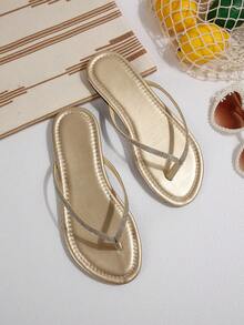 Sandalias minimalistas de punta redonda con diamante de imitación, diseño versátil y cómodo adecuado para la playa y los viajes - Dorado - Ver 3