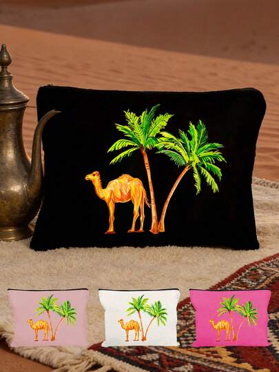 1个拉链化妆包，印有骆驼和棕榈树水彩画 - 斋月主题图案，大容量女士旅行化妆包，便携可折叠收纳包，化妆品收纳包，轻便旅行化妆包，化妆包，手提包，洗漱包，铅笔盒，礼品袋，拉链包，返校季、夏季、中东礼物、阿拉伯礼物、新年、斋月、开斋节、情人节、感恩节的完美礼物