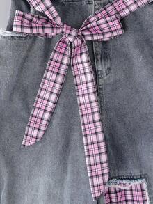 13-16 Years Old Teen GirlBlue Plaid Waist Belt Washed Ripped Plaid Denim Jeans - Blue - View 10