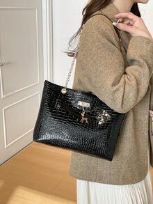 Túi xách nhỏ họa tiết da cá sấu cổ điển, trang trí hình hươu bằng kim loại, túi đeo vai thời trang nữ, túi xách tay kiểu mới, túi tote retro, thiết kế dành cho nữ. - màu đen - Xem 4