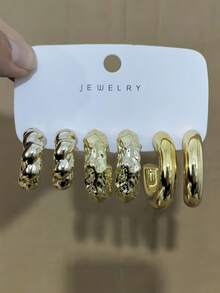 2/6/18pcs Gold-Tone Fashion Earring Set For Women. Includes Textured Teardrop, Textured C-Hoop, Twisted, Wood, Smooth Large C, And Faceted Wide C Styles. Suitable For Daily Wear, Parties, Gifting To Relatives, Friends, Girlfriends, Couples, And Mothers. - Gold - View 8