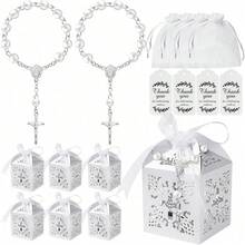 100件套洗礼回礼套装，适用于洗礼派对——包含25个迷你念珠、25个礼盒、25个欧根纱袋和25张感谢卡——理想的基督教礼物 - 彩色 - 查看 2