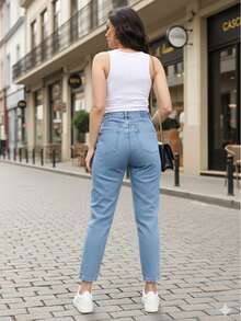 Women's Mom Jeans With Folded Hem, High Waist, No Lycra - 霧霾藍 - 查看 3