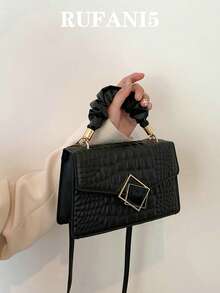 Bolsa cuadrada con cocodrilo en relieve fruncido asa superior con solapa - Negro - Ver 7