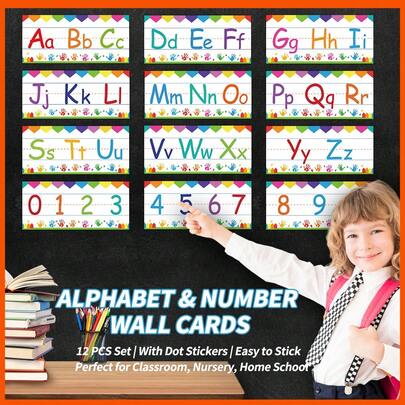 Lachilly Alphabet & Number Classroom Posters Set: Colorful 26 Letters & 0-9 Numbers Bulletin Board Decor For Preschool & Kindergarten, Kids English Learning Educational Tools