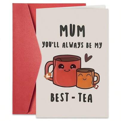 1PC Cute Best-Tea Pun Mum Card (With Envelope) - "Mum You'll Always Be My Best-Tea" Witty Message, Perfect For Mom/Mother's Day/Birthday, Playful Greeting Card