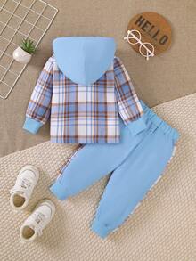 BrownBark 2pcs/Set Baby Boy Casual Outdoor Suit, Baby Boy Casual Plaid Pocket Hooded Long Sleeve Shirt + Relaxed Pants 2-Piece Set, Spring Autumn Children Clothing, Infant Outfit - Blue - View 3