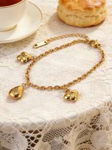 1 chiếc vòng tay dây chuyền bằng thép không gỉ kiểu Bohemian, mặt dây chuyền hình giọt nước và hoa bốn cánh, vòng tay quyến rũ, phù hợp cho nữ giới đeo hàng ngày, trang sức không phai màu. - Vàng - Xem 6