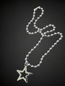 1pc Star Pendant Necklace, Beaded Chain, Punk Necklace, Pendant Necklace, Unisex - Hollow Five-pointed Star - View 4