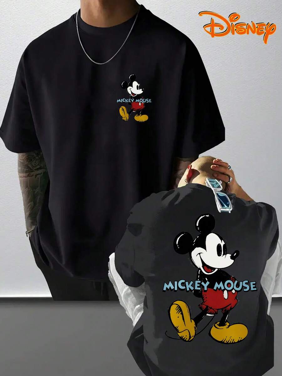 Disney Men's T-Shirt With Mickey Mouse Cartoon Pattern Printed On The Front And Back, Fashionable, Soft And Comfortable Cotton T-Shirt, Retro Street Feel - màu đen - Xem 1