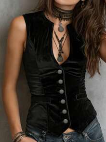 Women's Fashionable Elegant Casual Daily Urban Minimalist Commuter Black Single-Breasted Sleeveless V-Neck Vest, Court Style Design, Summer Sleeveless Open Front Vest, Ladies Beach/Office Vest - Black - View 4