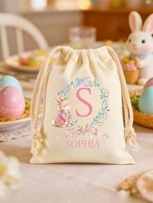 1pc Personalized Easter Bunny Drawstring Canvas Bag, Customized Letter & Wreath Rabbit Design, Kids Easter Basket And Egg Hunt Bag, Reusable Spring Party Gift Bag, Cute Easter Item Gift, Suitable For Girls, Boys, Family, Friends And Classroom Easter Party Supplies - Multicolor - View 8