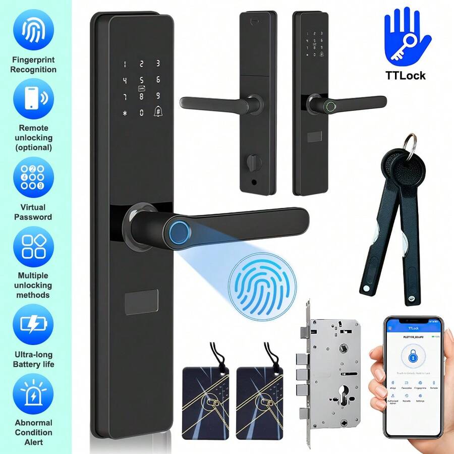 Capacitive Fingerprint Smart Door Lock With Handle & Keypad (Including Key And Card) – No More Lost Keys,Keyless Entry & Remote Access,Auto & One Touch Lock | Digital Smart Door Locks | Easy Installation | IP54 Waterproof Suitable For Homes, Rooms - Black - View 1