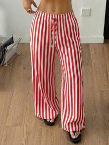 UREREM 女士红白条纹直筒裤，裤脚打结设计，梭织面料略带弹性，休闲度假装，150克梭织面料，春季款 - 紅色 - 查看 7