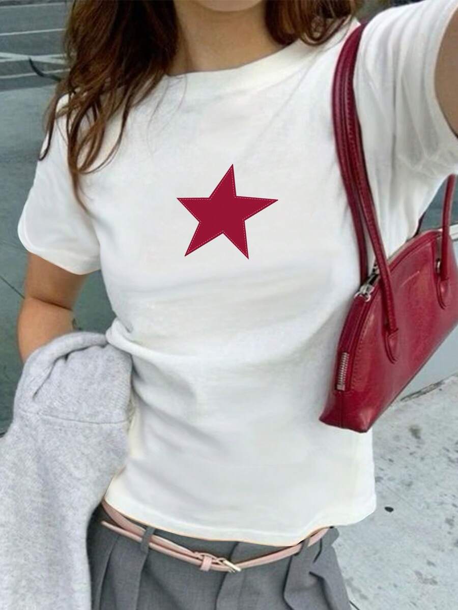 女士夏季Y2K风格星形印花休闲性感简约街头风修身圆领短袖T恤上衣，可爱夏季上衣 白色 - 白色 - 查看 1