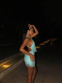 优雅无袖亮片抹胸修身迷你连衣裙，女士派对鸡尾酒会礼服，露背设计，略带弹性，夏季款 - 淺藍色 - 查看 3