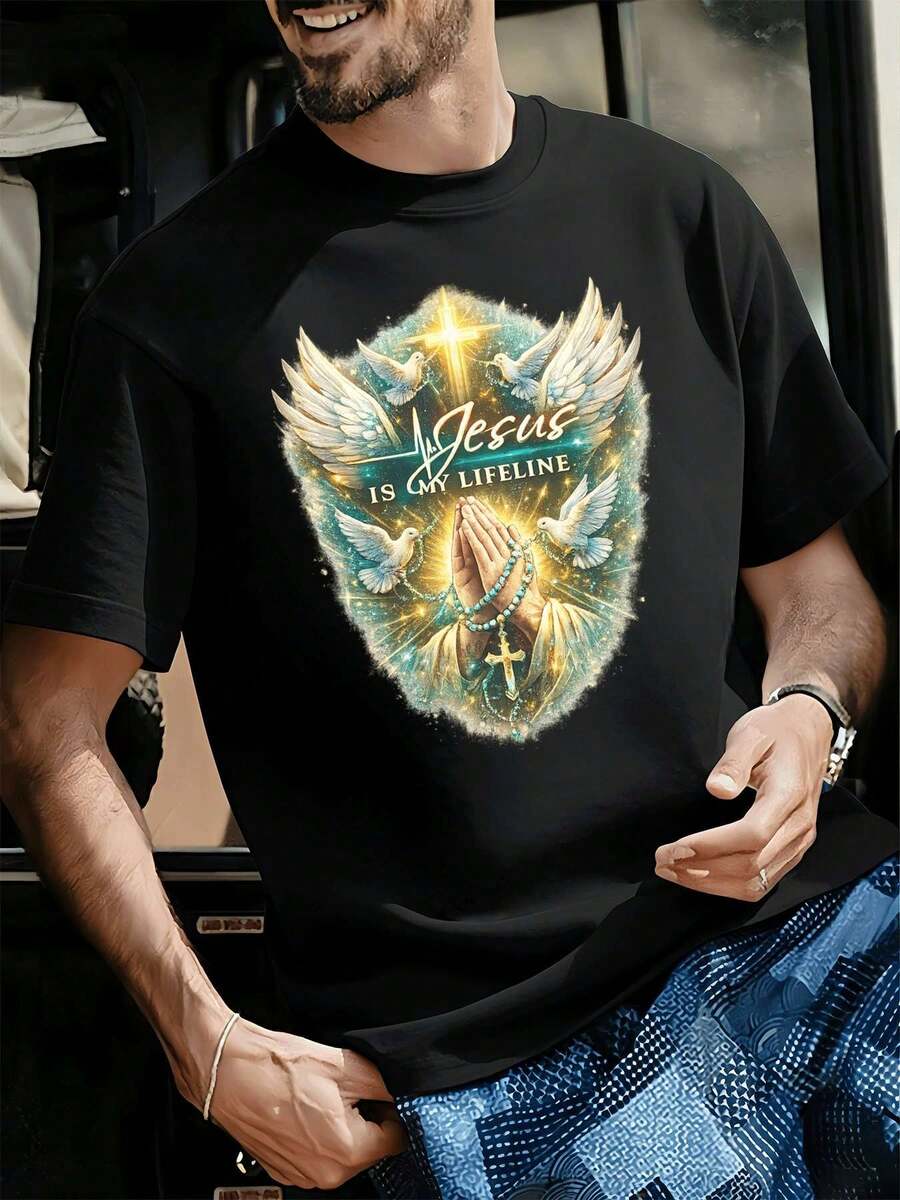 Jesus My Lifeline Christian Dove Cross Praying Hands Fall, High Quality Fabric, Loose Fit, Casual, Breathable - Black - View 1