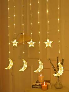 1 Guirnalda de 82 luces LED con estrellas y lunas, de 2m/6.56ft, alimentadas por batería, decoración interior del hogar, luces de hadas, adecuadas para bodas, fiestas, vacaciones, dormitorio, habitación, decoración de pared, se puede usar como lámpara de luna - Amarillo - Ver 2