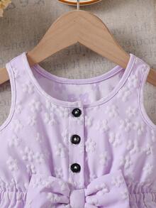 Baby Girls' Cute Solid Color Round Neck Sleeveless Bow Decor Button Design Half-Placket Romper, Suitable For Home, Daily Wear And Outings, Spring/Summer - Purple - View 6