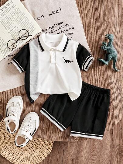 Bhchntiy 2件套男婴撞色恐龙印花Polo衫和纯色短裤休闲时尚套装，春夏款