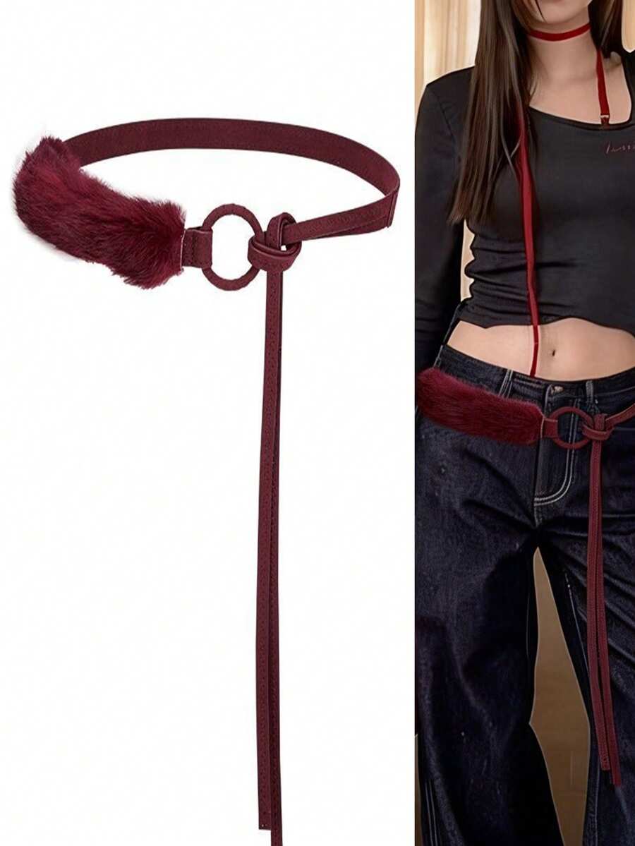 Ceinture de taille en rouge et pelucheuse, design unique, ceinture décontractée pour jupe en jean, accessoire sans boucle - Multicolore - Voir 1