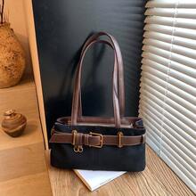 1pc Low Tea Solid Color Suede Fabric Shoulder Bag, Women's Retro Fashion Square Shoulder Bag With Top Double Handles, Zipper Closure, Suitable For Travel, Shopping, Dating, Women's Gift, Great For Commuting, Outdoor, Travel, Hiking , Valentines Gifts - 黑色 - 查看 8