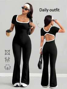 AITYI Studio 女士连体裤，修身休闲时尚性感简约修身户外街头 Y2K 风，适合毕业、返校、圣诞节、新年、感恩节、秋冬季穿着，弹力针织短袖连体裤 - 黑色 - 查看 3