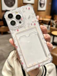 1个透明防震卡槽手机壳，全屏花卉图案，兼容 11/12/13/14/15/16/17/Pro Max - 無色 - 查看 3