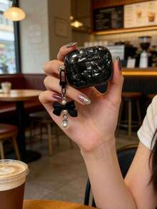 1pc Black Shell Texture IMD Earphone Soft Case, Compatible With AirPods 1/2, Pods2/Pods3/Pods Pro/Pods Pro2, Paired With Black Bow, Small Pearl, Heart-Shaped Handmade Pendant - Black - View 6