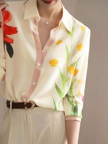 Women's Floral & Leaf Print Color Block Button-Front Casual/Office/Commute Shirt Spring - Multicolor - View 4