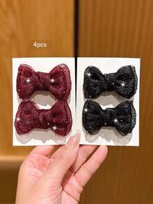 4pcs Black + Burgundy Bow Hair Clips, Suitable For Daily Use - Multicolor - View 4