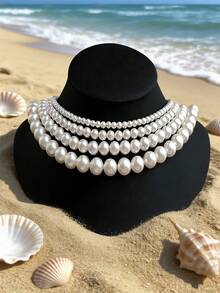 1pc 4m-12m Vintage French Style Pearl Necklace, Simple Choker Necklace With Random Pearl Quantity - White - View 4