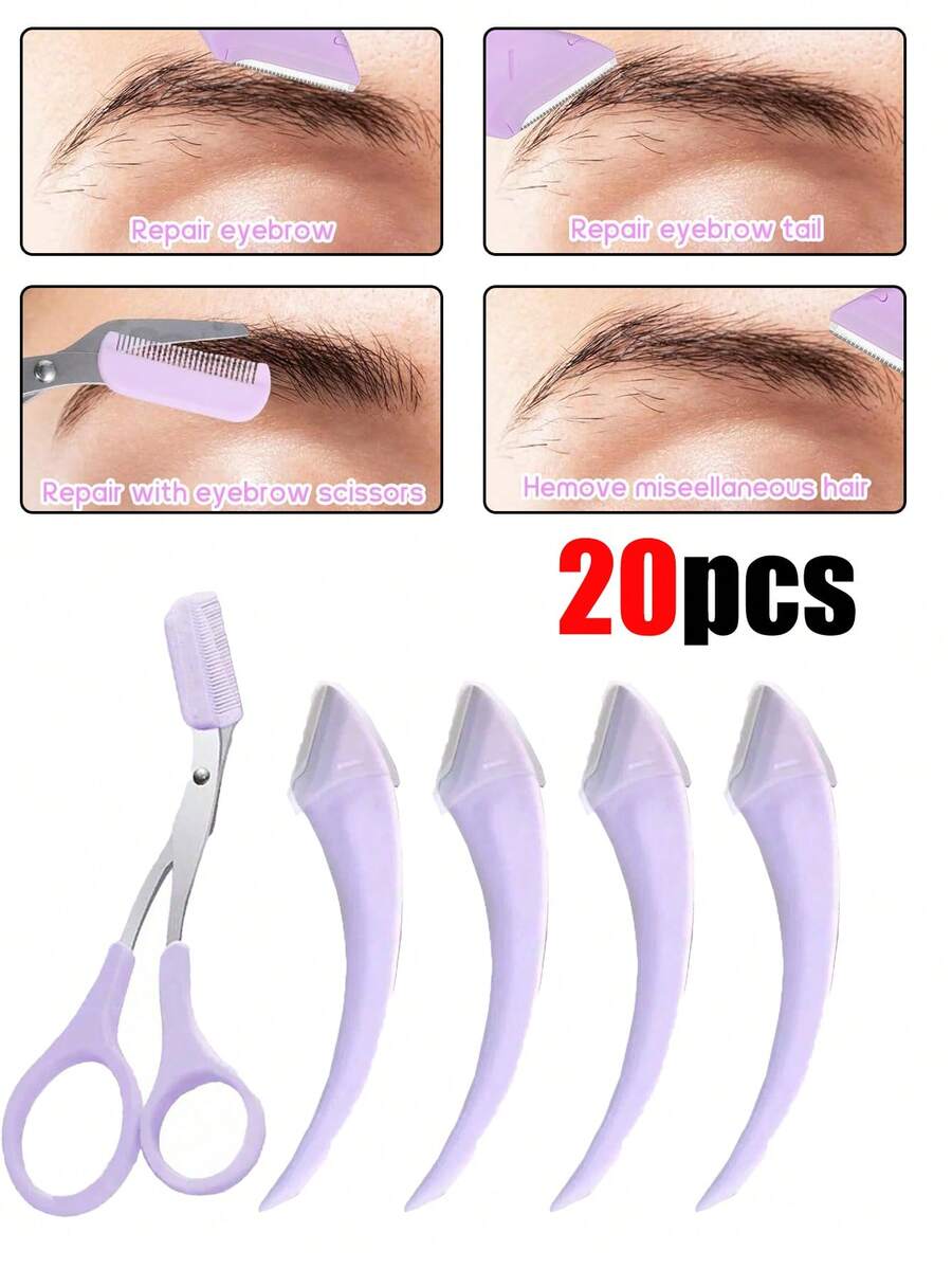 20/10/3/1件套修眉工具套装，包含修眉剪、剃须刀和梳子。套装内含一把梳子。男女皆宜。也可用于全身脱毛、化妆、眼部护理等。赠品、旅行、平价好物、旅行必备 - 紫色 - 查看 1