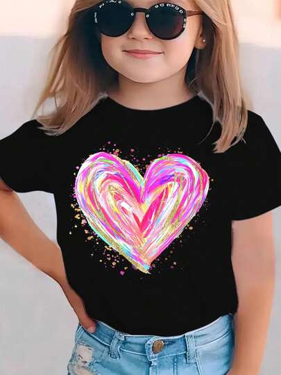 Camiseta niña San Valentín verano moda manga corta, corazón colorido cartoon estampado, cuello redondo casual elástica