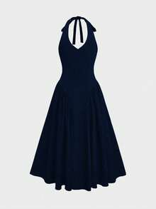 Women's Solid Color Deep V Elegant Casual Commute Date Romantic Dress, Elegant Casual Commute Date Romantic Dress, Vacation, Summer Dresses - Navy Blue - View 7