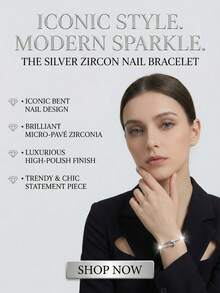 Luxury Cubic Zirconia Pave Nail Design Open Cuff Bracelet, 18K Gold Plated Street Style Bangle Jewelry Gift For Women,Women's Fashion Rhinestone Decor Nail Shaped Bracelet, High Quality Gold Tone Micro-Inlaid Open Bangle For Party - Multicolor - View 7