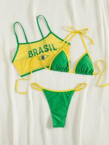 巴西风情三件套泳衣套装 - 黄绿色比基尼，印有“BRASIL”字样，搭配同款罩衫 | 完美适用于夏季海滩度假、泳池派对和热带节日 - 黃色 - 查看 5