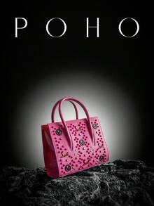 POHO品牌女士奢华手提包联名字母小号托特包 - V - 玫瑰红 - 玫紅色 - 查看 2