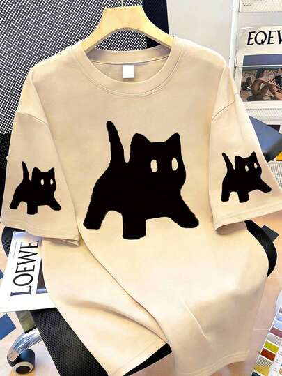 Black Cat Pattern, Interesting Print, Vintage Loose T-Shirt, Y2k Style, American Street Style, Suitable For Men And Women