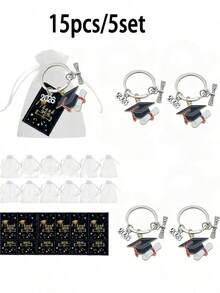 15pcs/5sets 2026 Graduation Keychain Set. Ideal Gift For 2026 Graduation Party. Includes 5 Graduation Keychains, 5 Black Thank You Cards, And 5 White Chiffon Bags. Perfect For Graduates And Loved Ones. - Multicolor - View 9