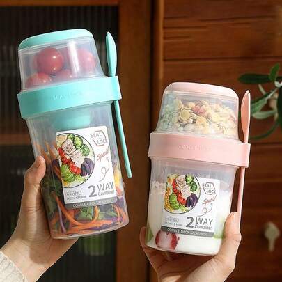 1 pieza Taza de ensalada de doble capa creativa con tapa y cuchara, taza de avena, taza de leche baja en grasa, taza de yogur, taza portátil para frutas, verduras, leche, té, agua, burbuja de té, café, adecuada para picnic, camping, útiles escolares, regalo único
