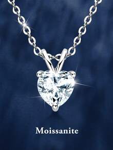 1pc Fashionable Luxury 925 Sterling Silver 1 Carat Heart-Shaped Moissanite Necklace, Suitable For Women's Daily Wear, Party, Vacation, Birthday, Wedding Anniversary, Women's Jewelry Gift - Silver - View 7