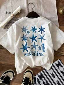 Minimalist. 100% Cotton. 1 Piece. Women's Casual Starfish And Letter Print T-Shirt, Crew Neck, Short Sleeve, Summer Tops, Summer Clothing, Shirts, Spring Outfits For Women, Summer Graphic T-Shirts, Women's T-Shirts. Spring/Summer Top. - 白色 - 查看 5