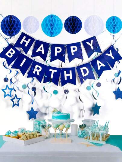 蓝色生日快乐横幅套装，包含横幅、蜂窝球、螺旋吊饰丝带、波点花环装饰，适用于生日派对、海军蓝主题派对、家居装饰