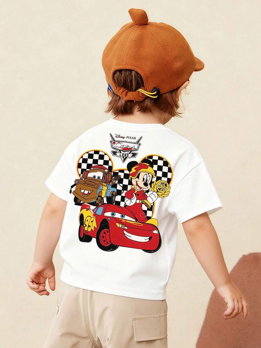 Disney Casual Lightning McQueen Double-Sided Kids' Tee – Versatile White Short Sleeve Top With Race-Themed Print For Mix-And-Match Outfits - trắng - Xem 1