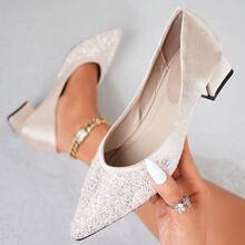 2026 Primavera/Verano Zapatos de tacón de punta francesa, Mocasines de tacón medio con decoración de rhinestones y perlas, Zapatos náuticos elegantes de talla grande - Albaricoque - Ver 21